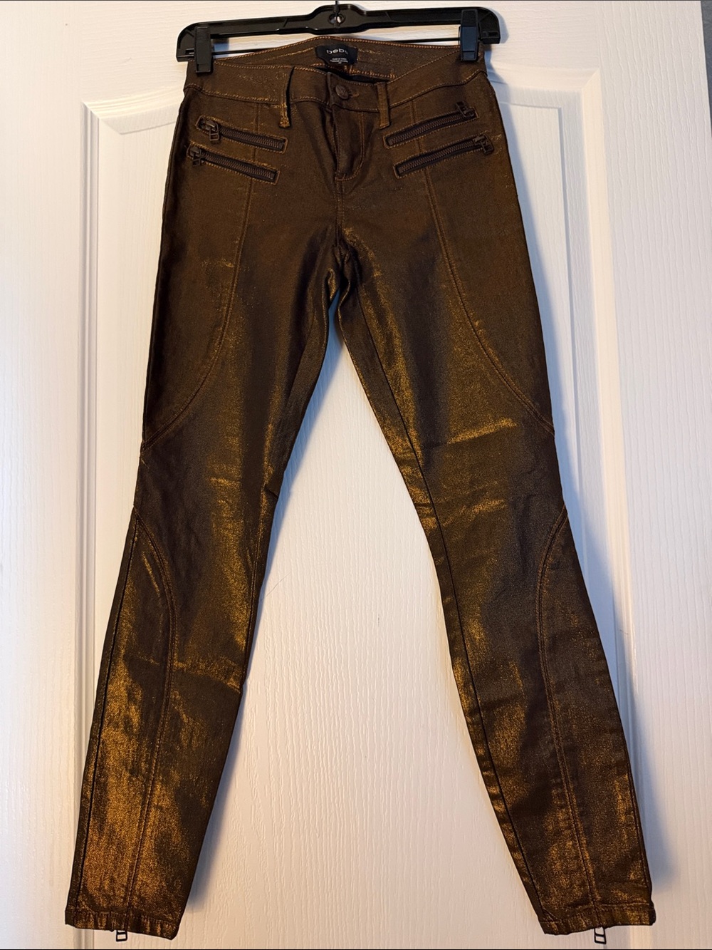 Bebe Metallic Bronze Skinny Zip Pocket Pants Worn Once Sz 25.